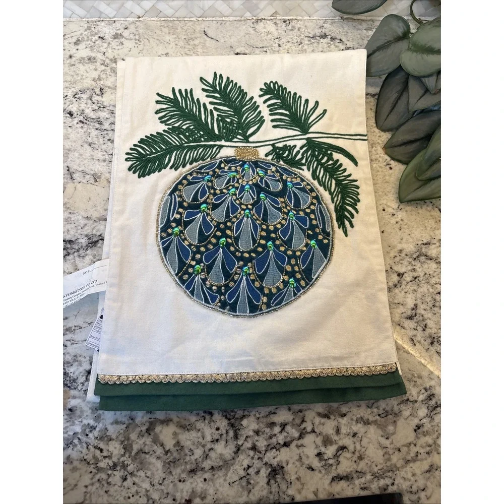 Pier 1 One Imports Ornament Table Runner White  Beaded Tapestry 72